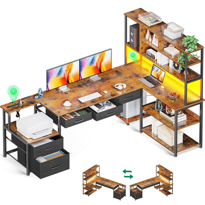 L Shaped Gaming Desk with Storage & Power Outlets
