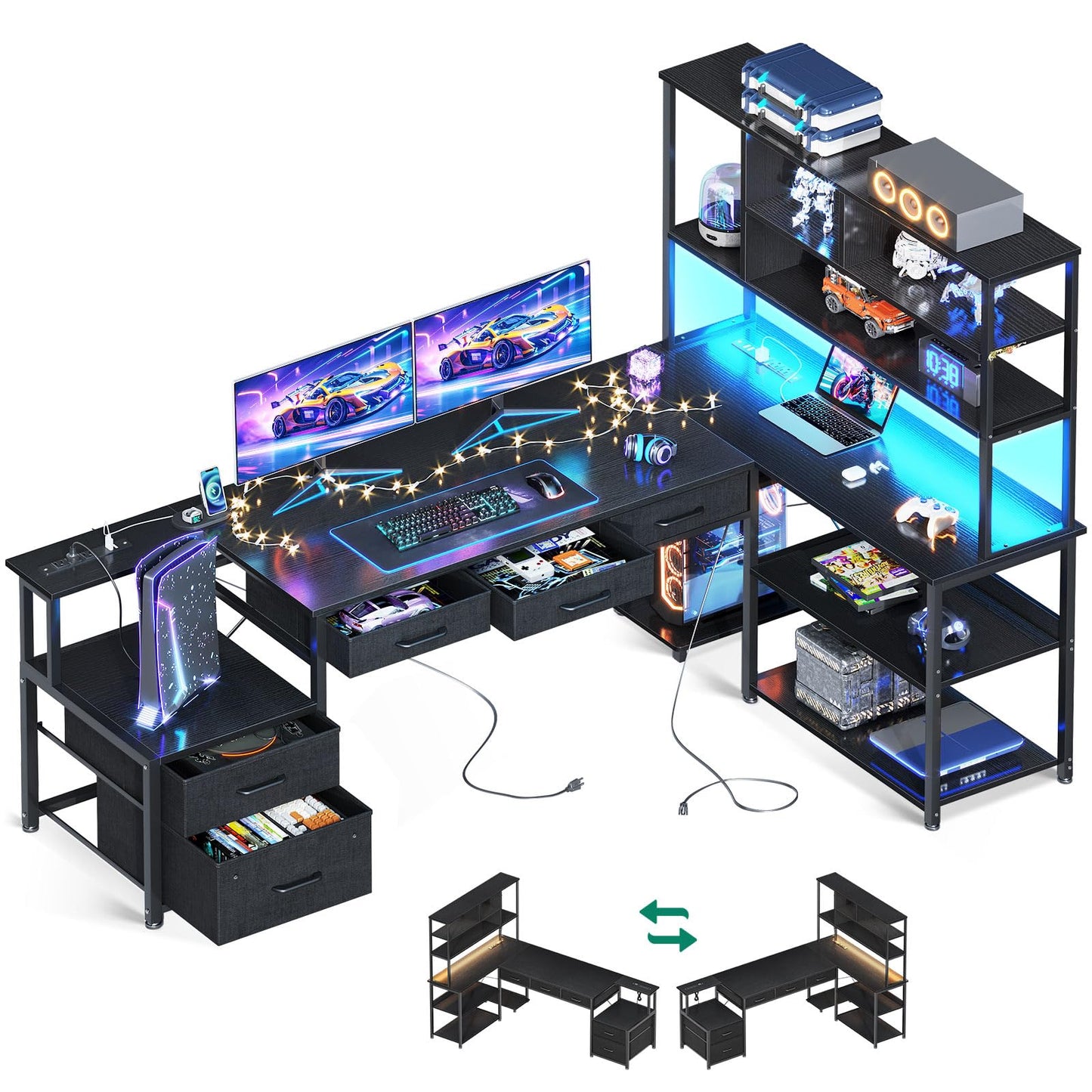 L Shaped Gaming Desk with Storage & Power Outlets
